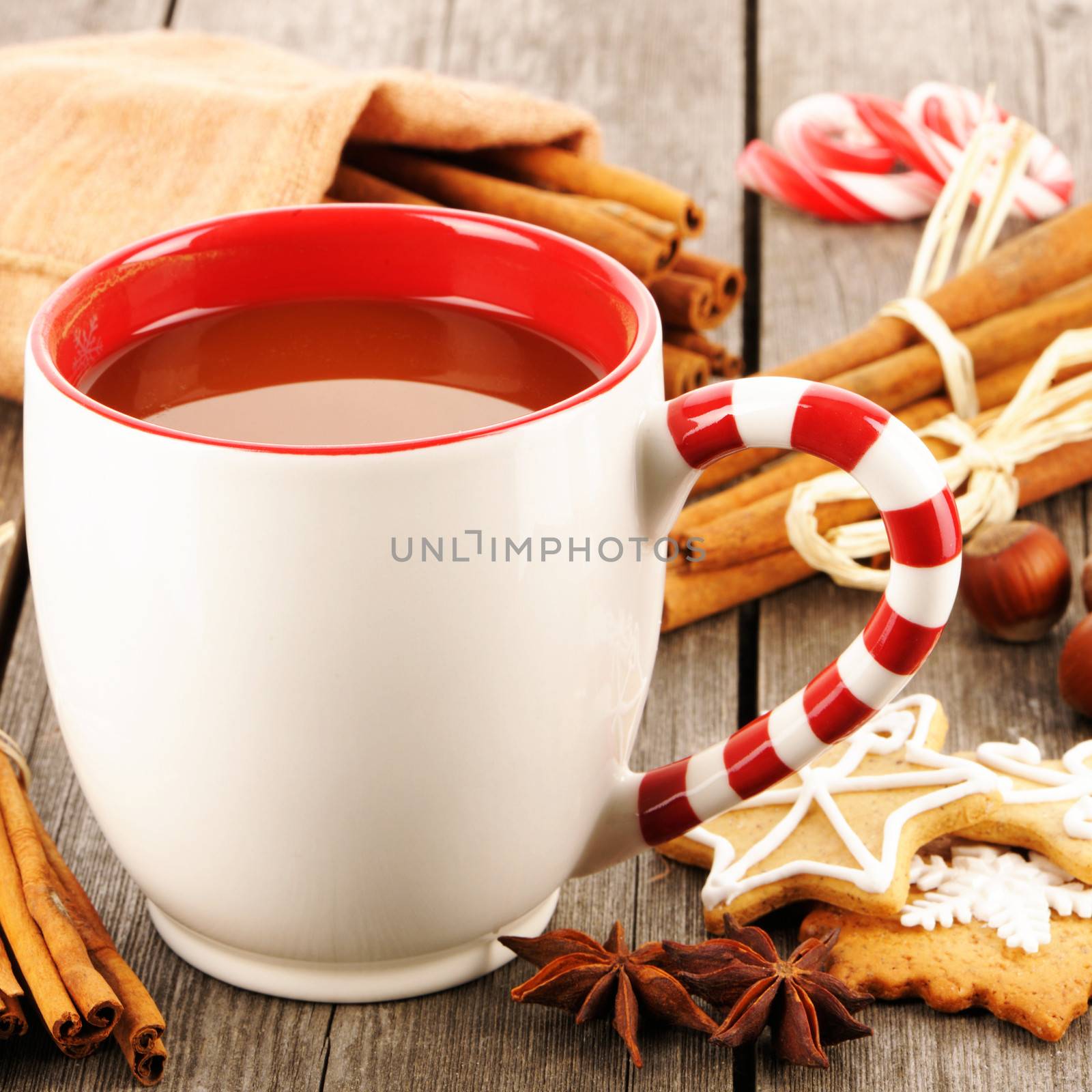 Mug of hot chocolate on wooden table