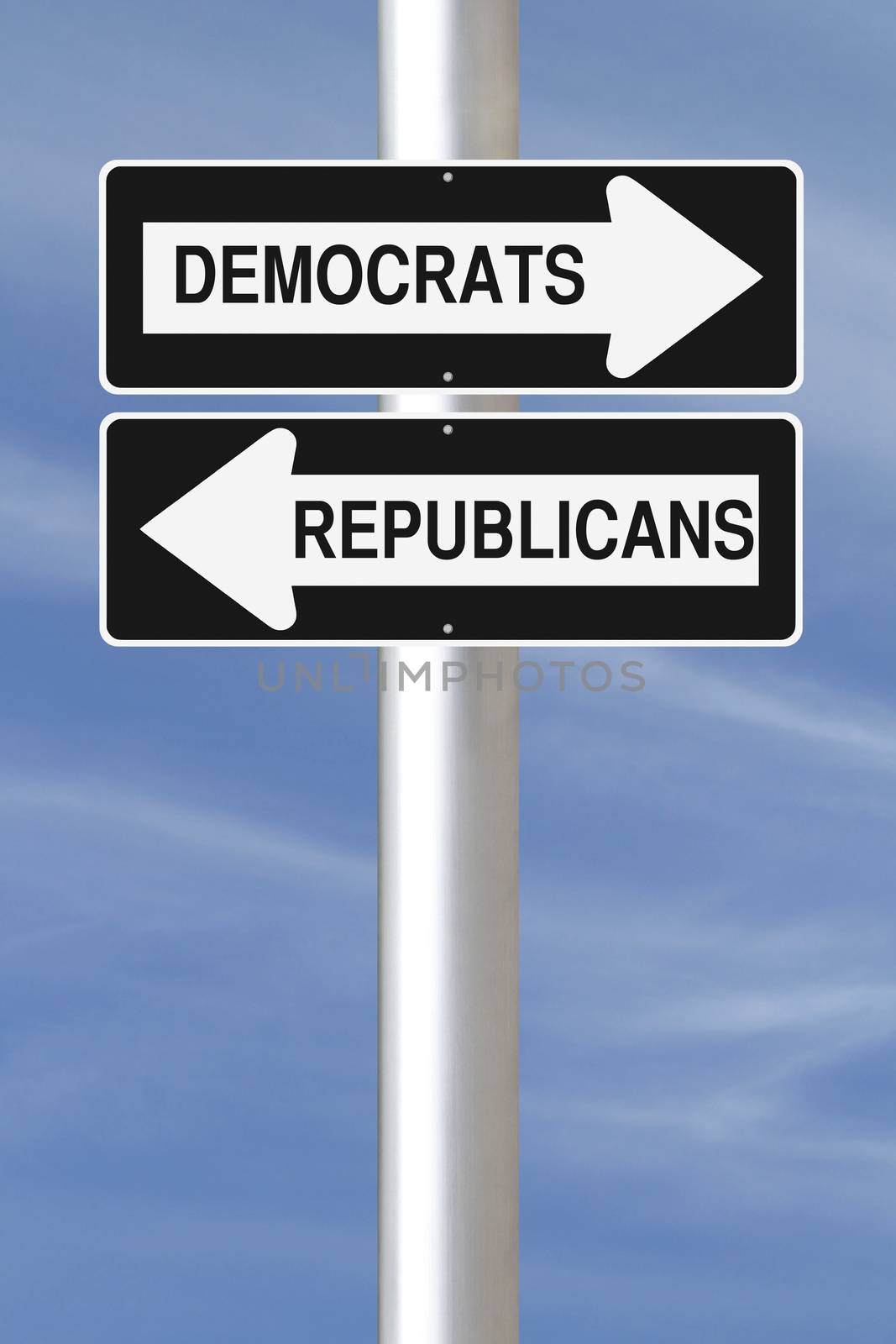 Conceptual one way road signs on American political affiliations
