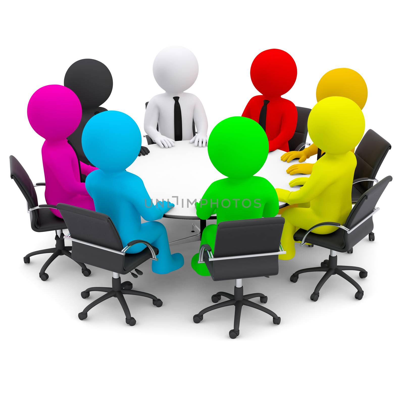 Multicolored people sitting at a round table. Isolated render on a white background