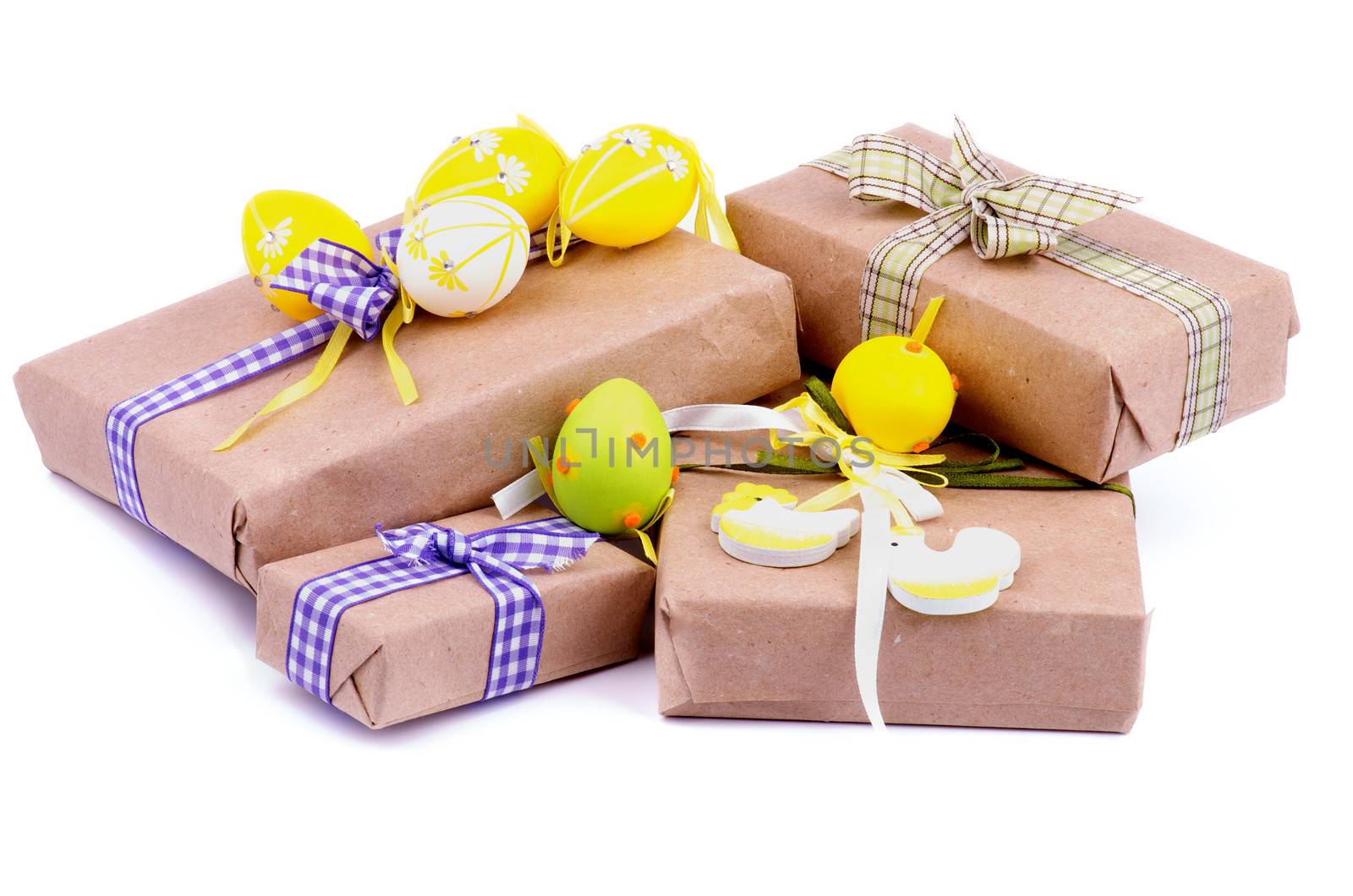 Heap of Gift Boxes in Wrapping Paper with Checkered Ribbons, Decorative Chickens and Easter Eggs isolated on white background