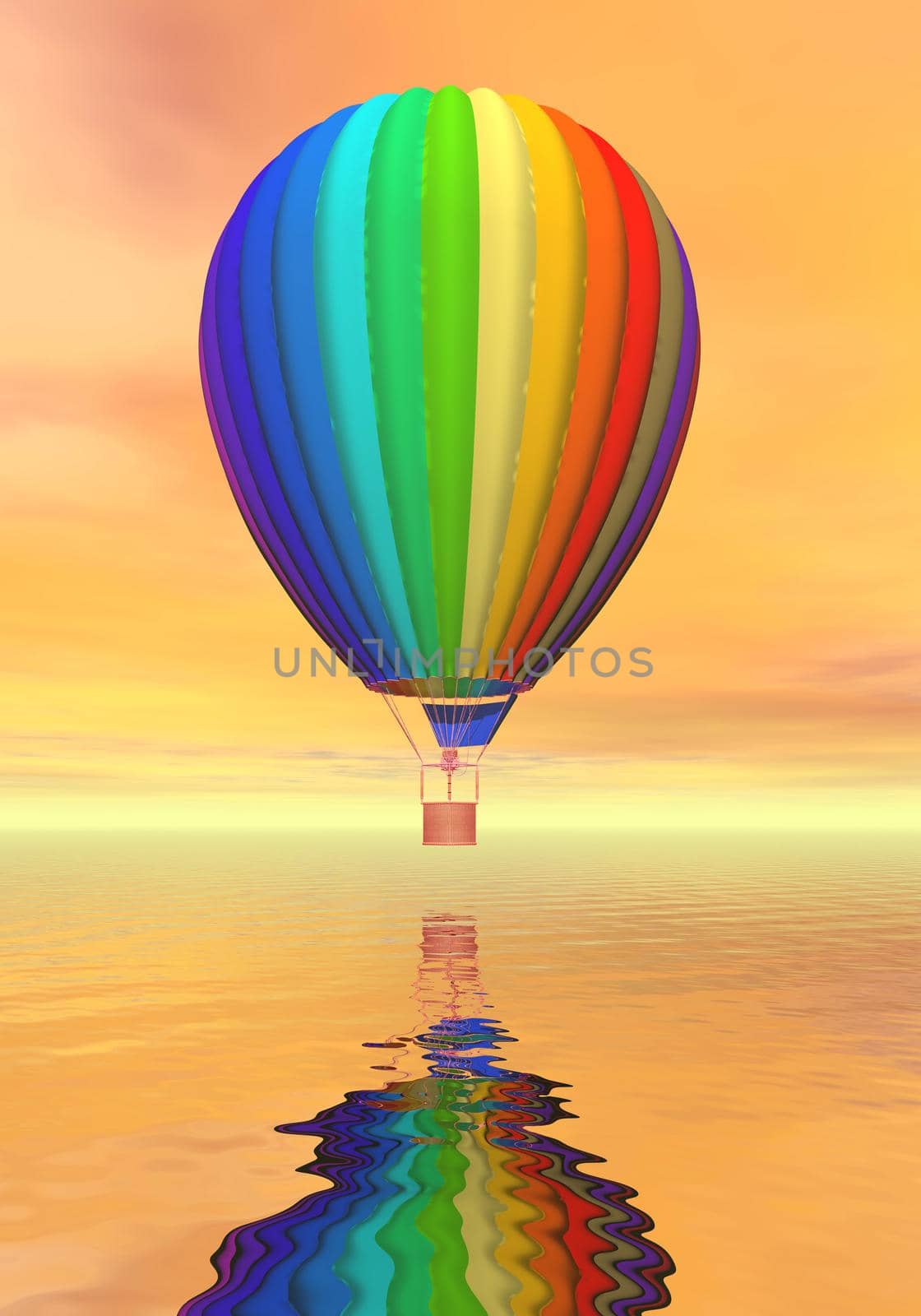 One colorful hot air balloon flying upon ocean by orange sunset light