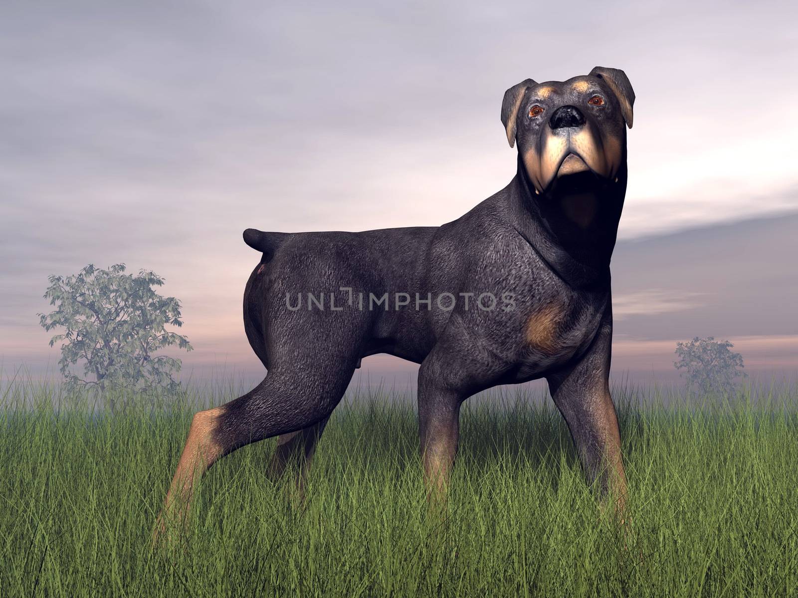 Rottweiller dog standing in the grass by cloudy weather
