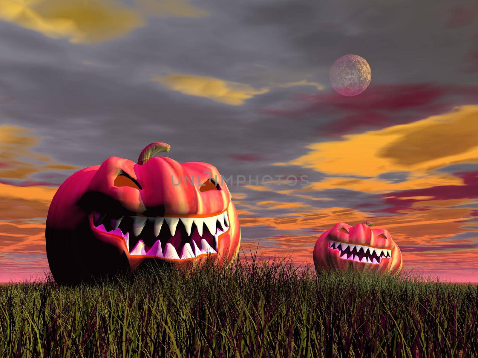 Two orange pumpkins on grass smiling at the full moon for halloween by sunset light