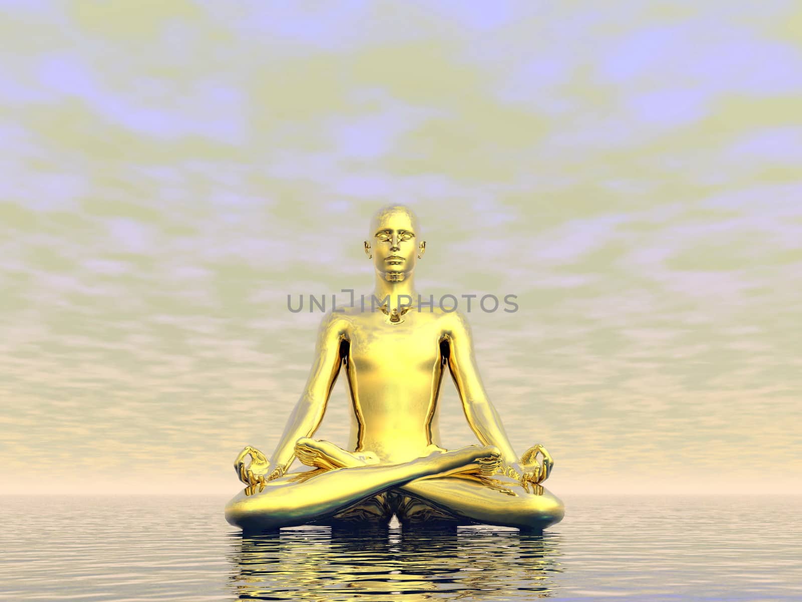 Gold man meditating upon the ocean by grey cloudy day