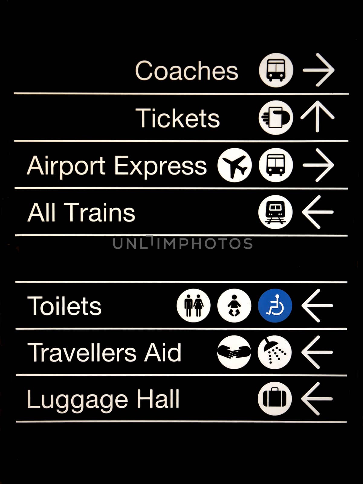 Transport Signs on a board at an Airport