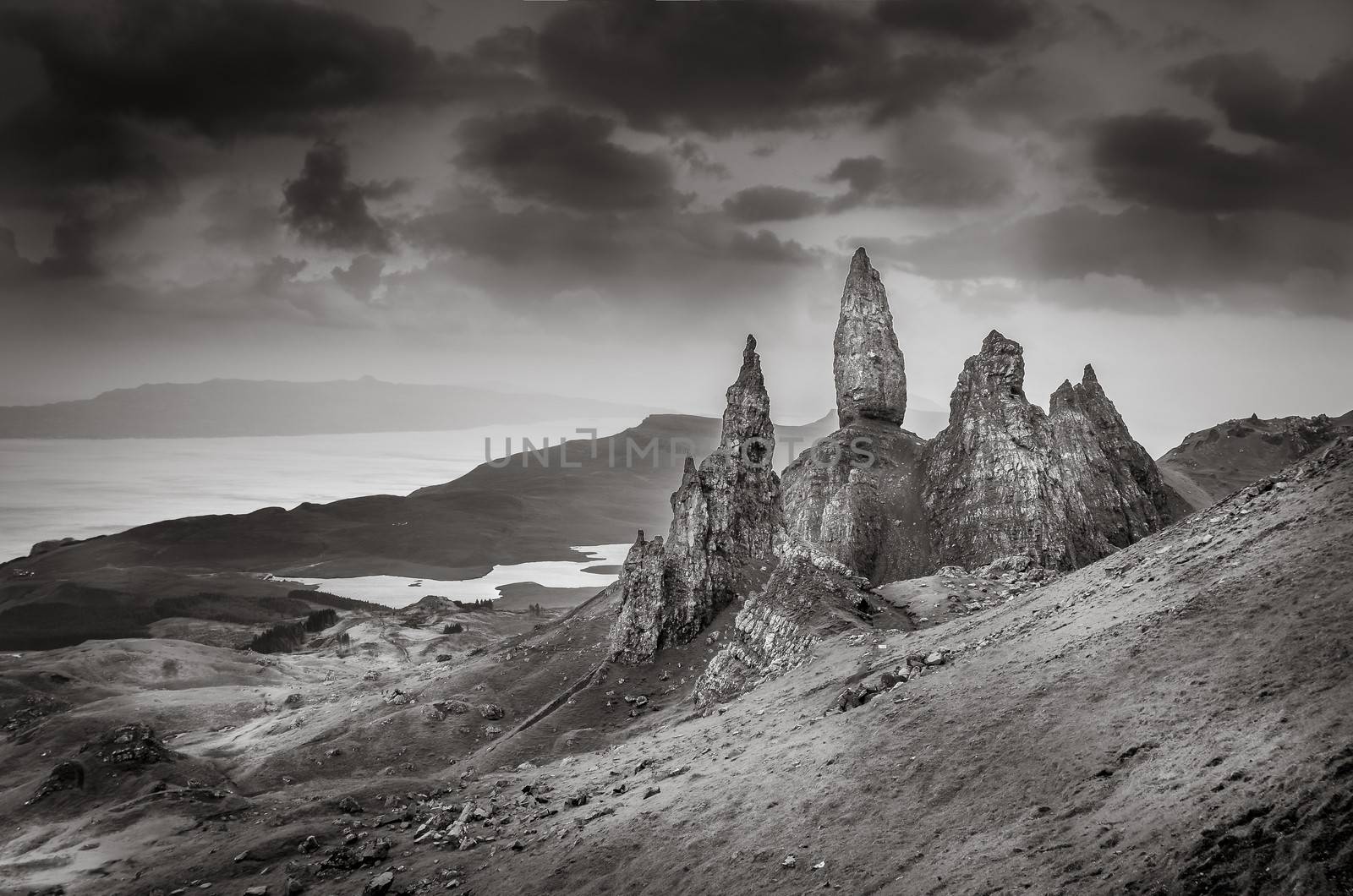 Monochrome vintage view of Old Man of Storr rock formation, Scotland, United Kingdom