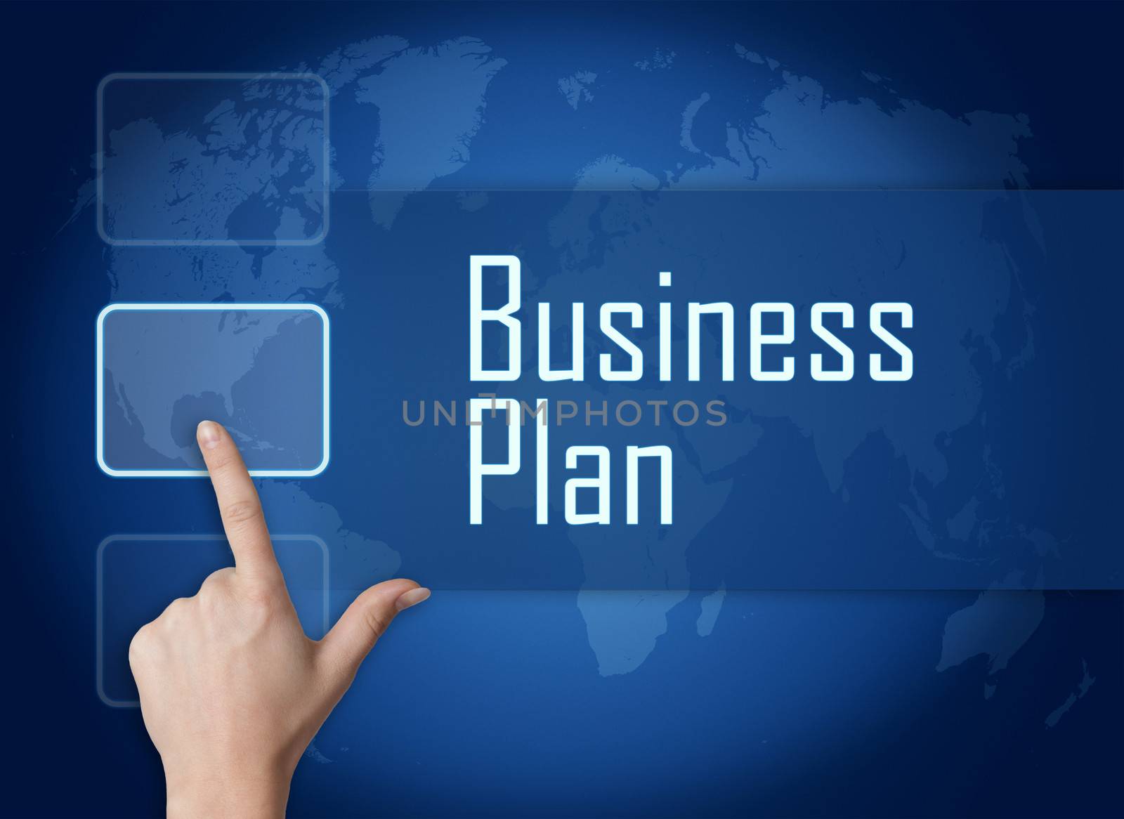 Business Plan concept with interface and world map on blue background