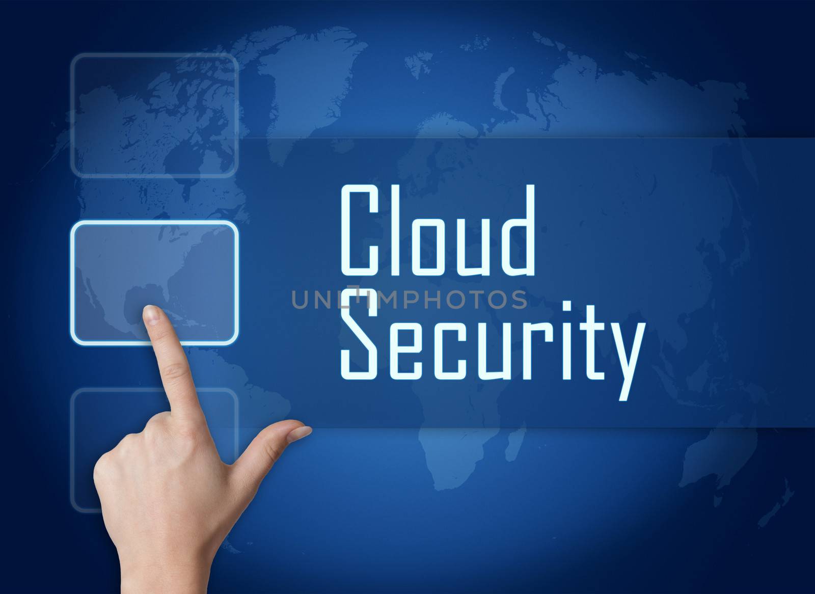 Cloud Security concept with interface and world map on blue background