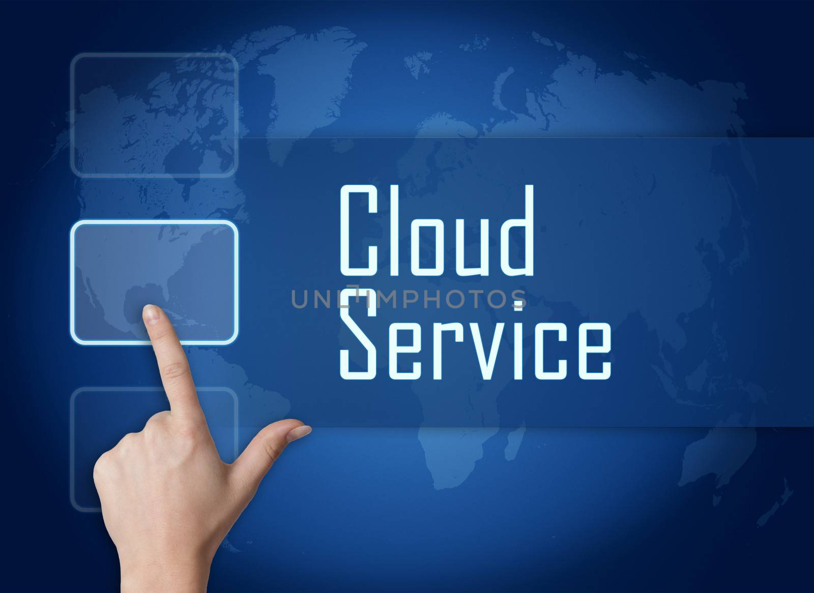 Cloud Service concept with interface and world map on blue background