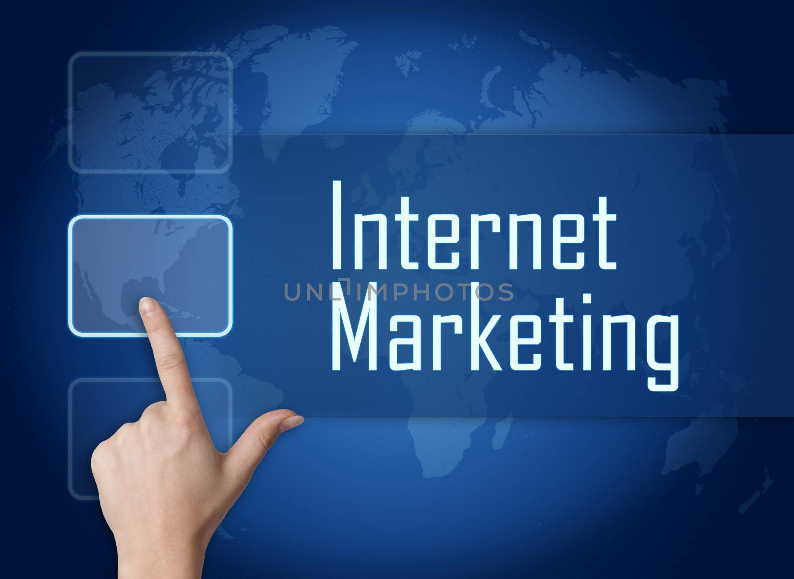 Internet Marketing concept with interface and world map on blue background