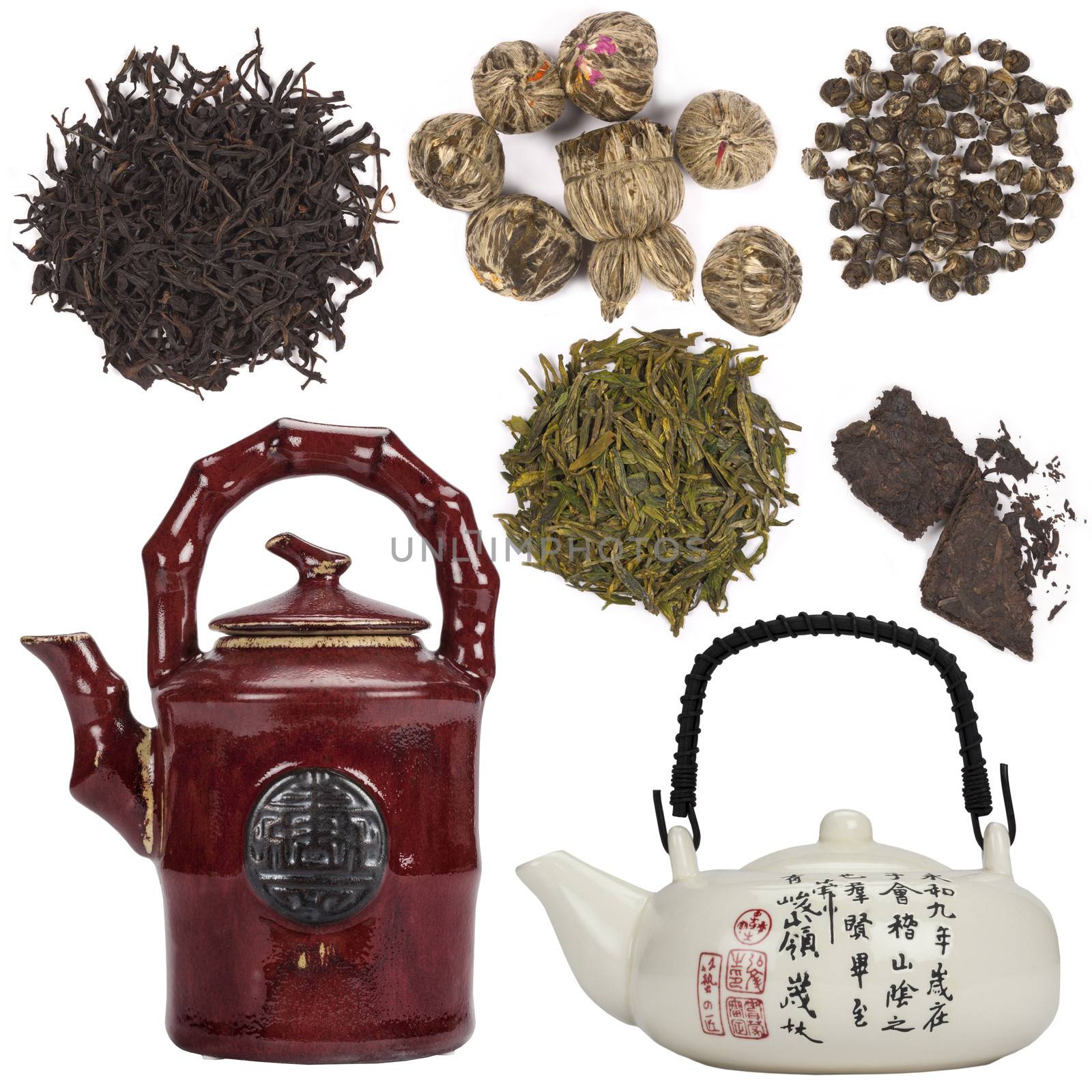 Oriental (Chinese / Japanese) teapots and different types of tea. Isolated for cutout.