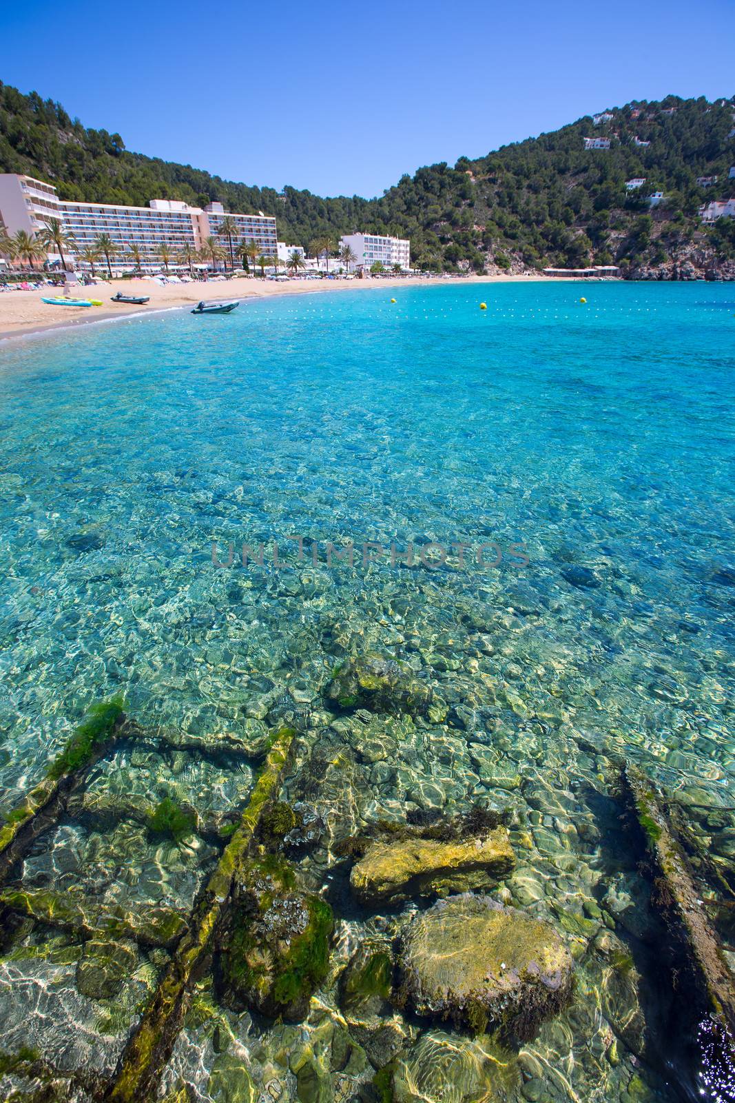 Ibiza caleta de Sant Vicent cala San vicente beach san Juan at Balearic Islands of spain