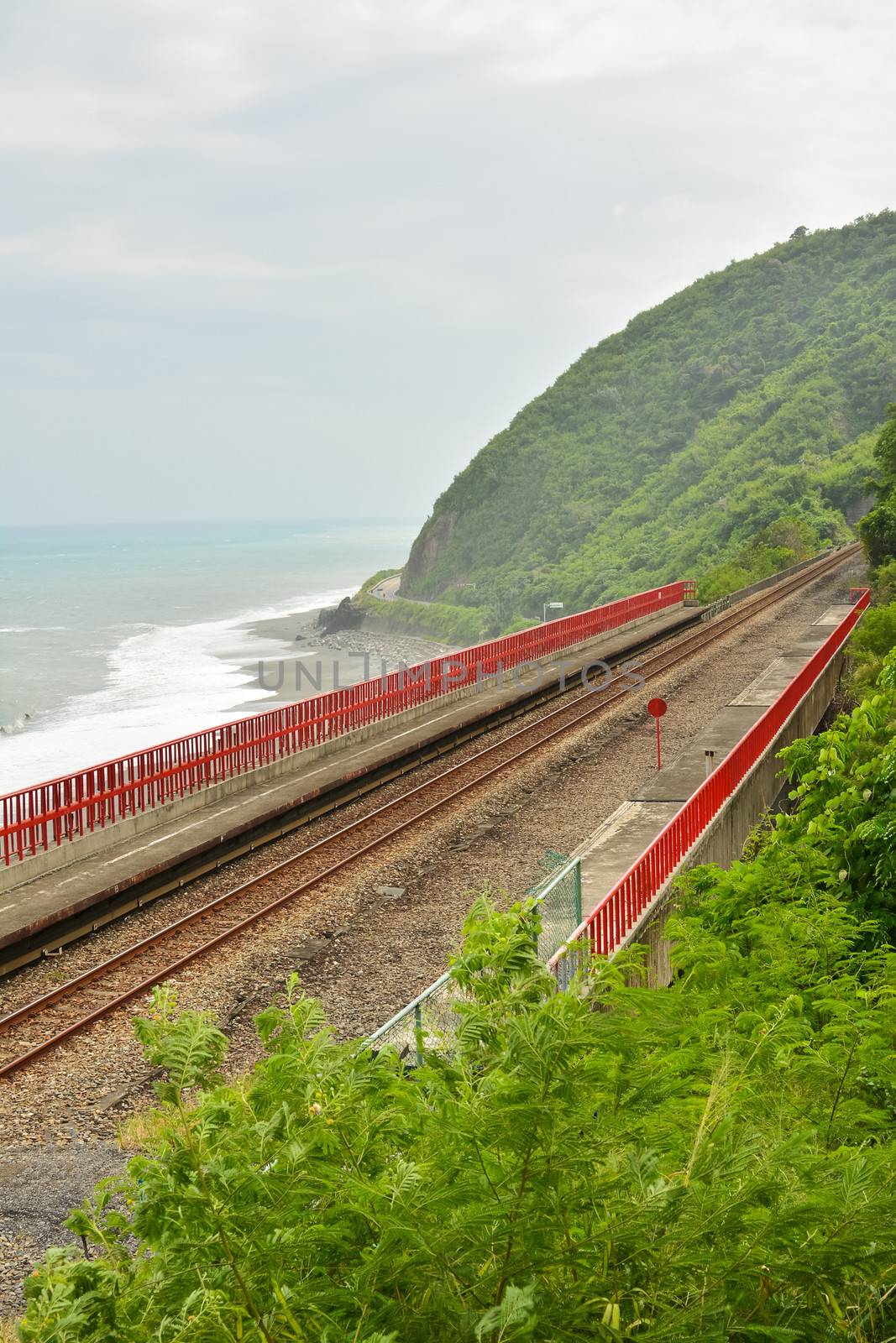 Taitung coastline with railway, Taiwan, Asia