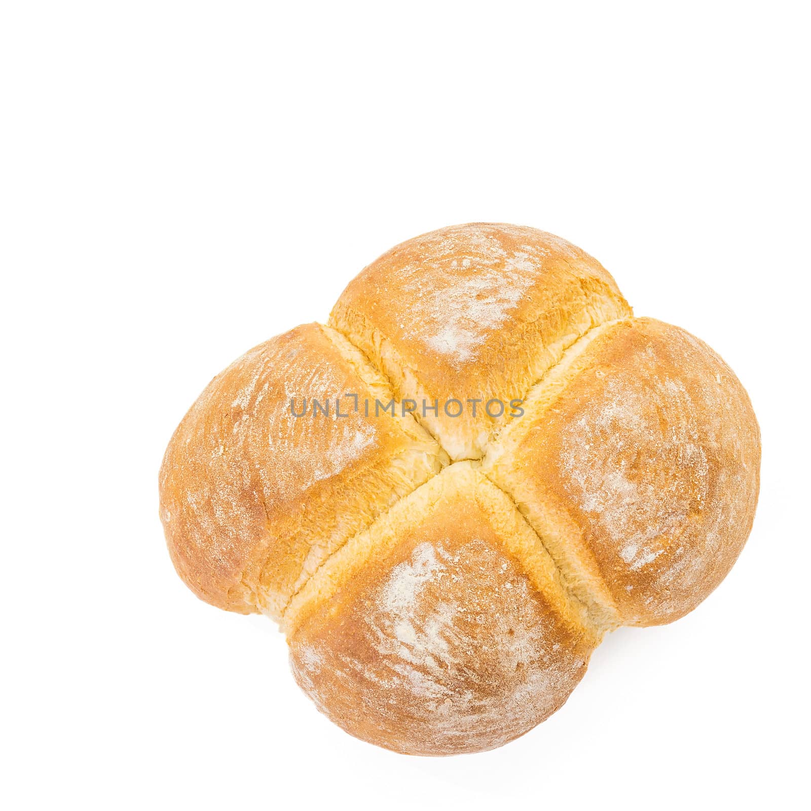 Four Buns Bread over white background, shot from above with space for your text