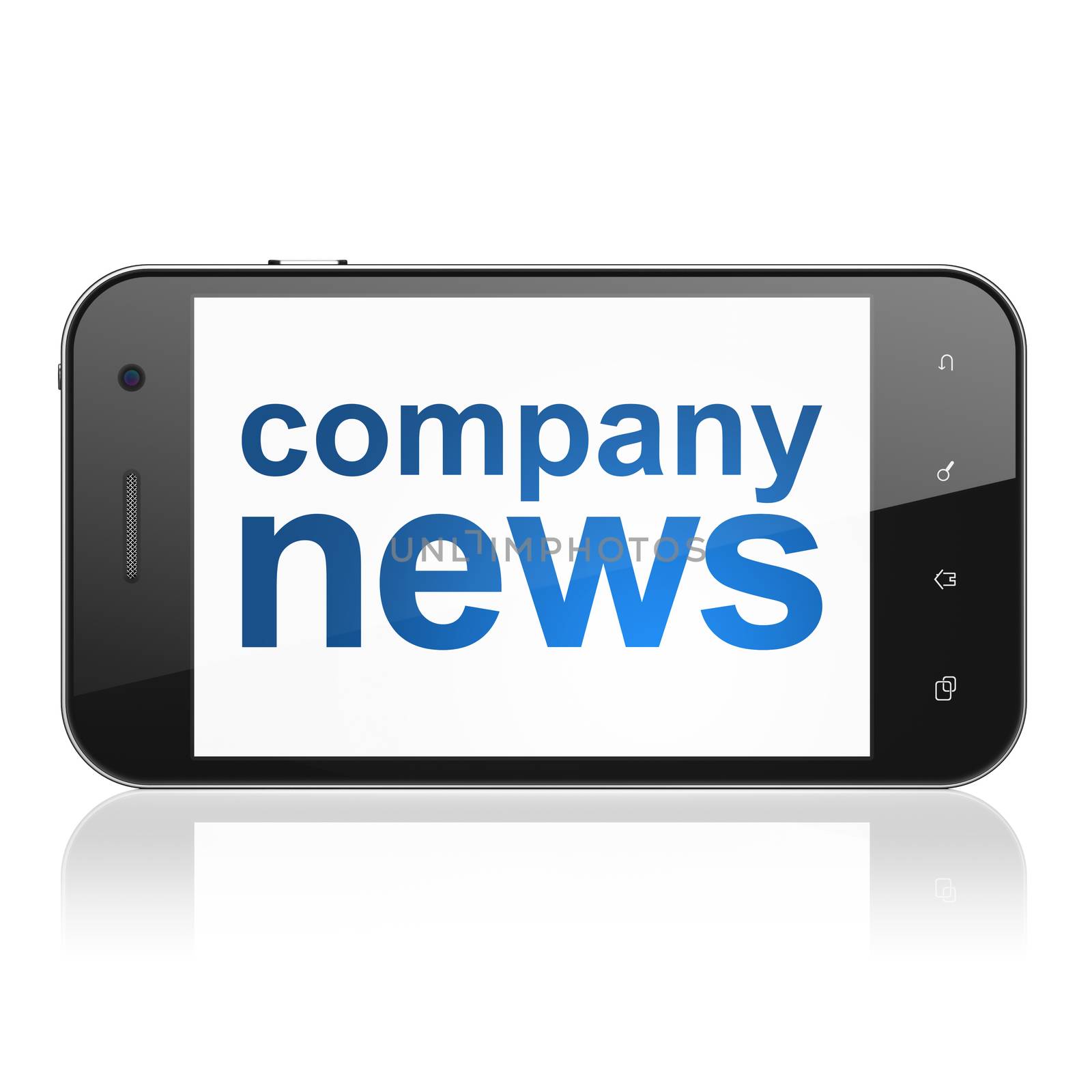 News concept: smartphone with text Company News on display. Mobile smart phone on White background, cell phone 3d render