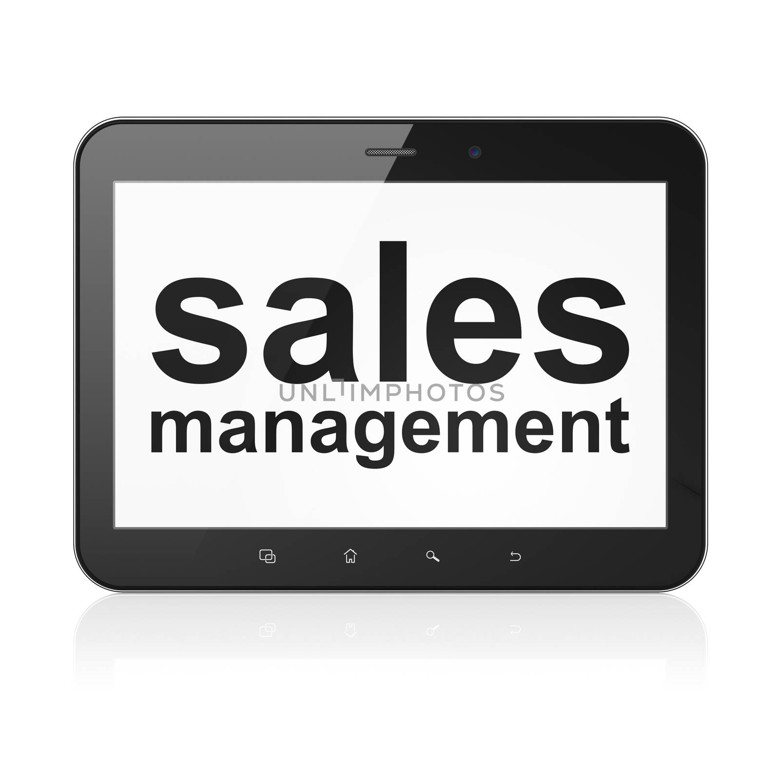 Advertising concept: black tablet pc computer with text Sales Management on display. Modern portable touch pad on White background, 3d render