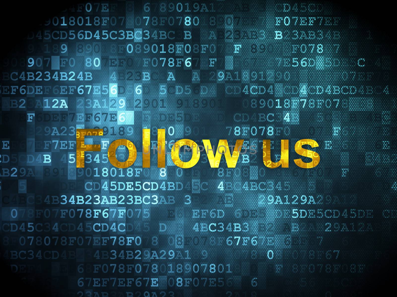 Social network concept: pixelated words Follow us on digital background, 3d render