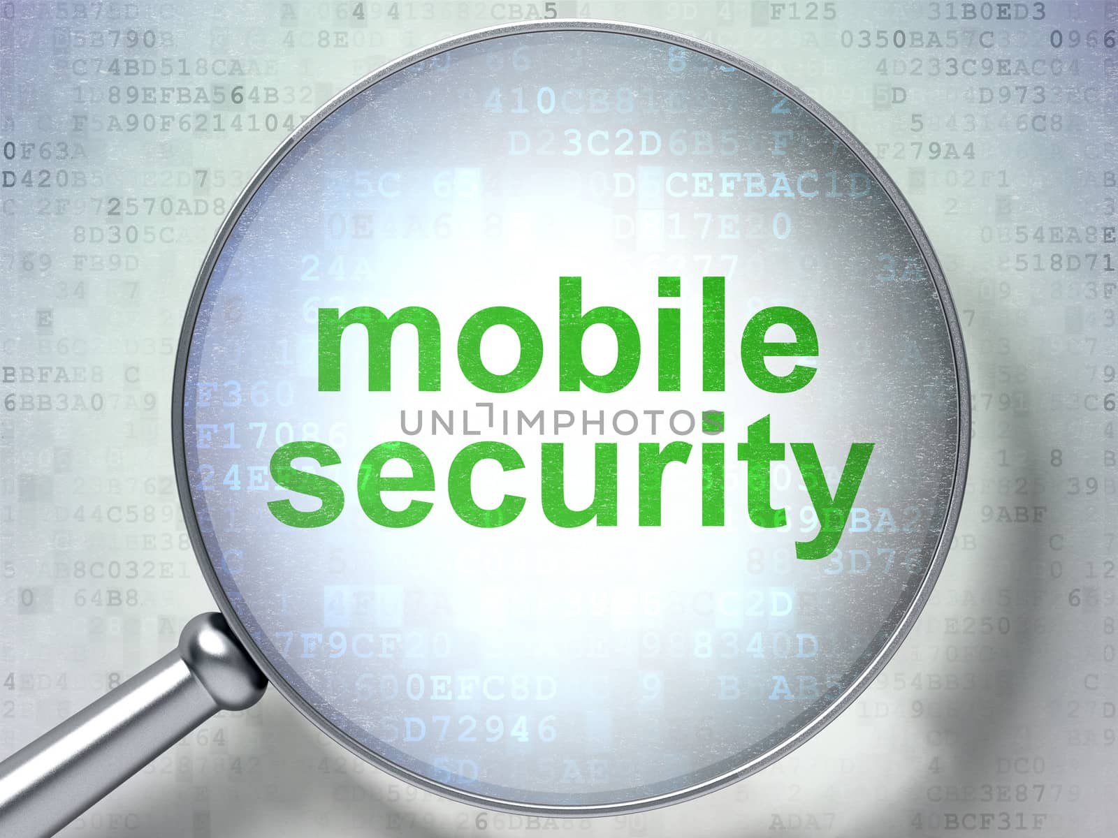 Protection concept: magnifying optical glass with words Mobile Security on digital background, 3d render