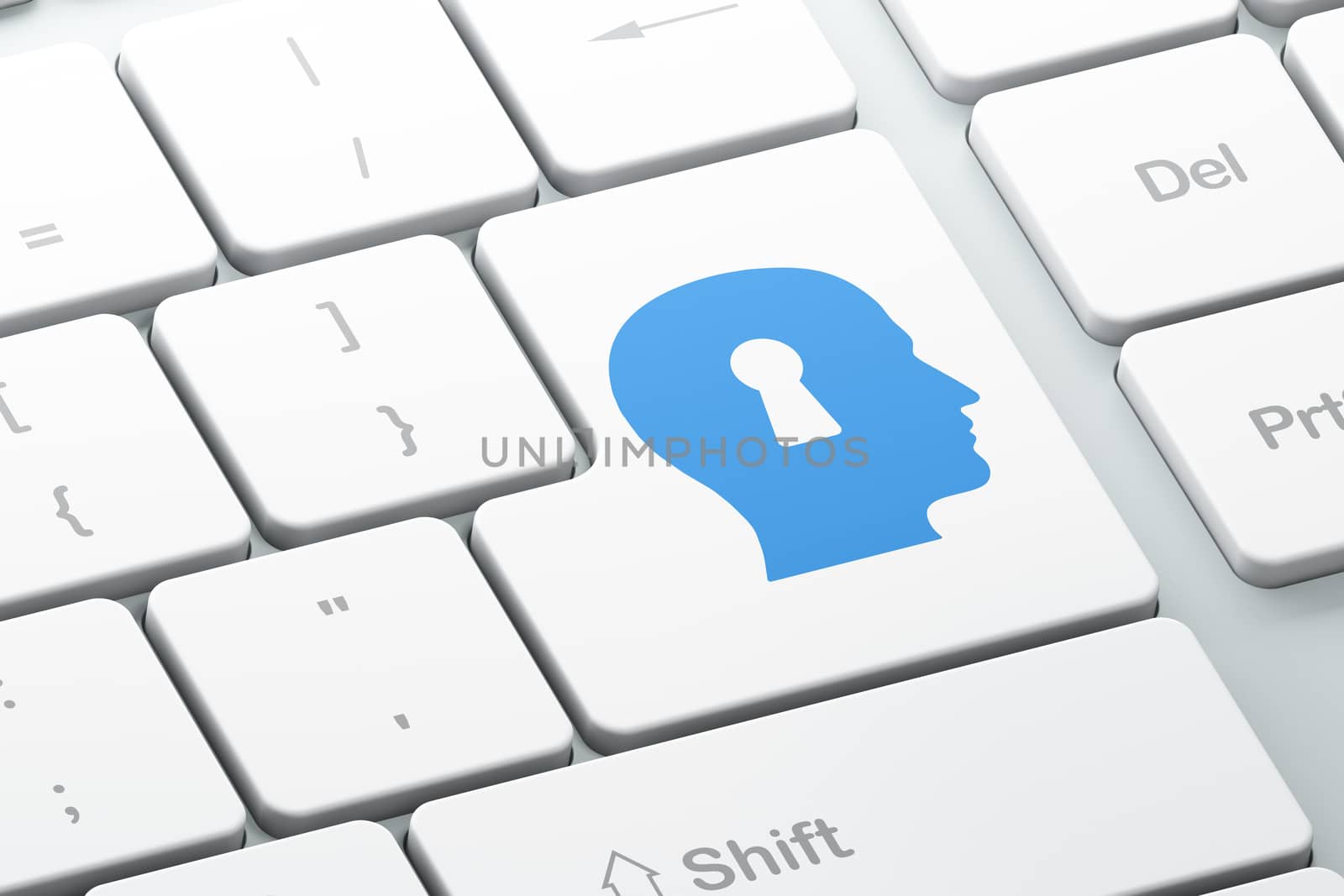 Privacy concept: Enter button with Head With Keyhole on computer keyboard background, 3d render