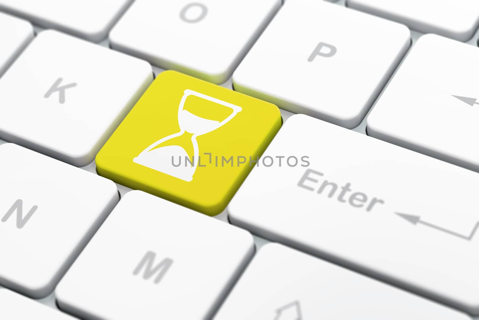 Timeline concept: computer keyboard with Hourglass icon on enter button background, selected focus, 3d render