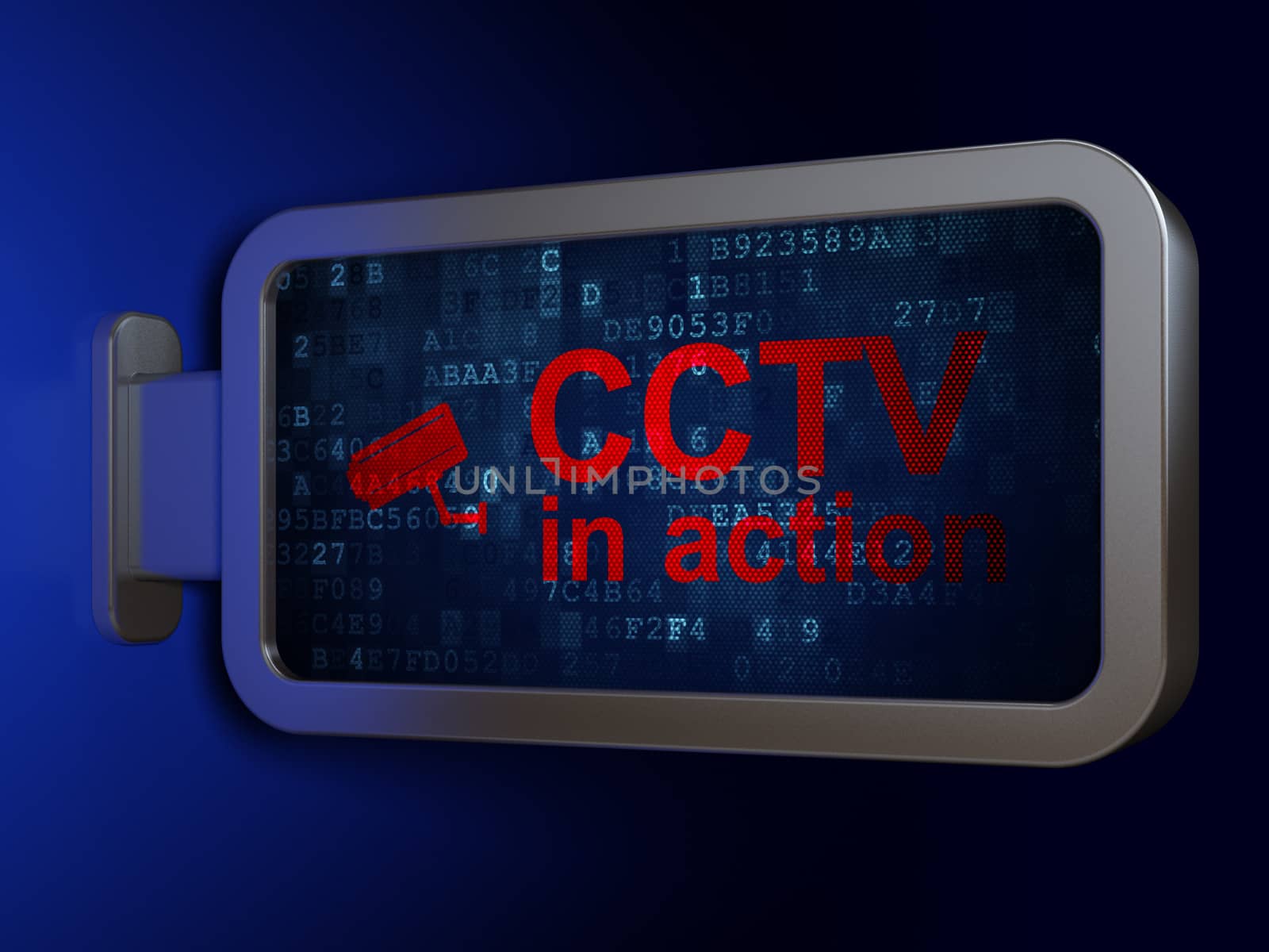 Privacy concept: CCTV In action and Cctv Camera on advertising billboard background, 3d render