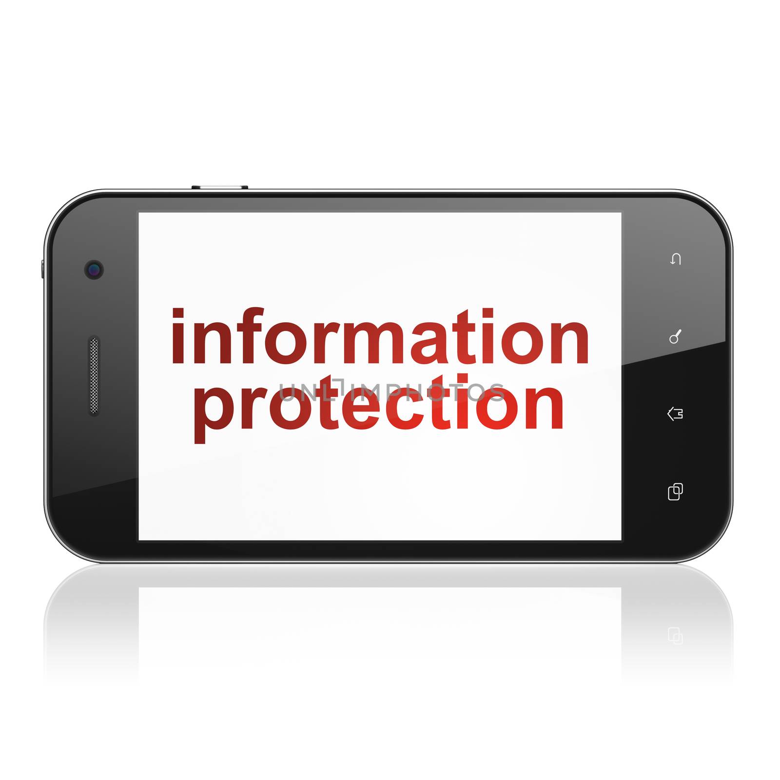 Safety concept: smartphone with text Information Protection on display. Mobile smart phone on White background, cell phone 3d render