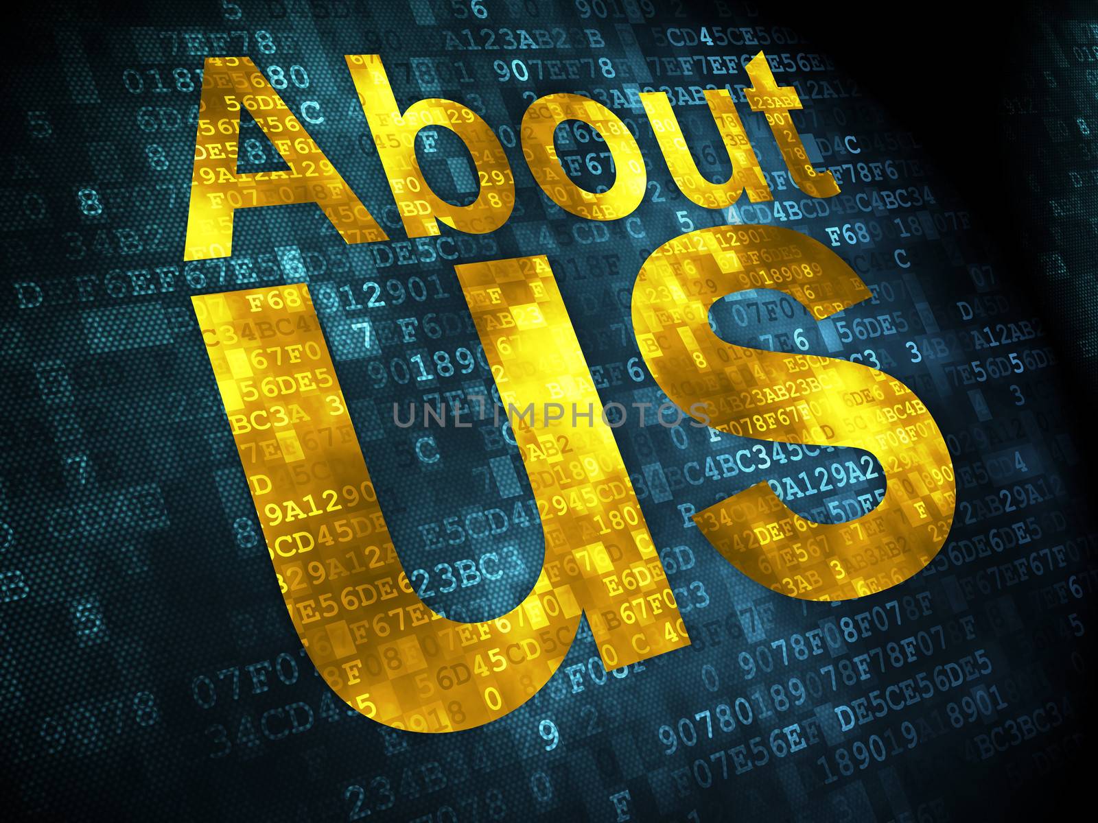 Marketing concept: pixelated words About Us on digital background, 3d render