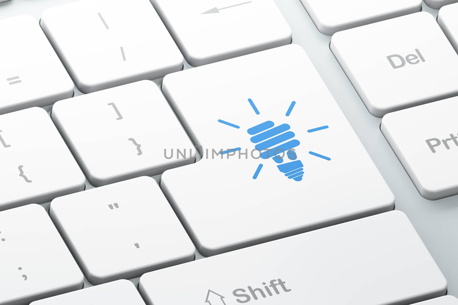 Finance concept: Enter button with Energy Saving Lamp on computer keyboard background, 3d render