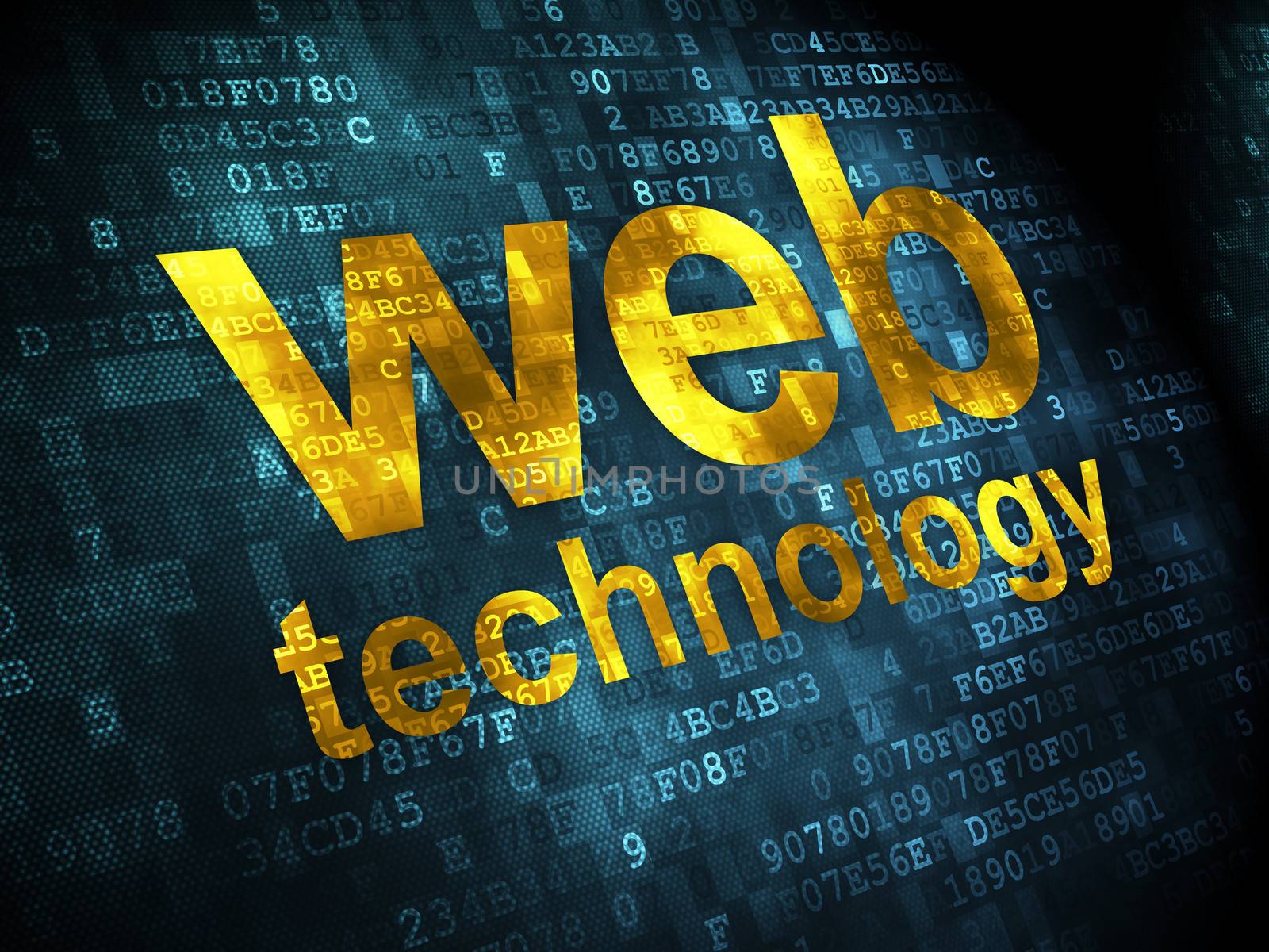 SEO web design concept: pixelated words Web Technology on digital background, 3d render