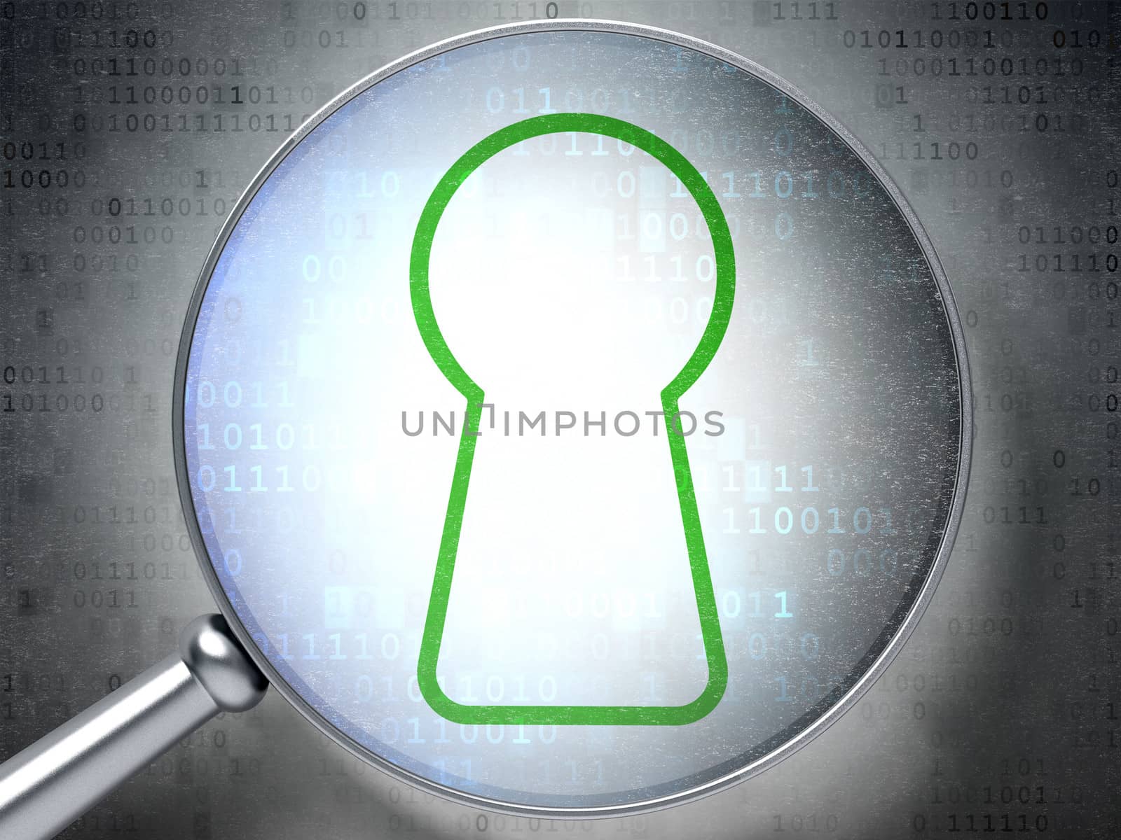 Protection concept: magnifying optical glass with Keyhole icon on digital background, 3d render