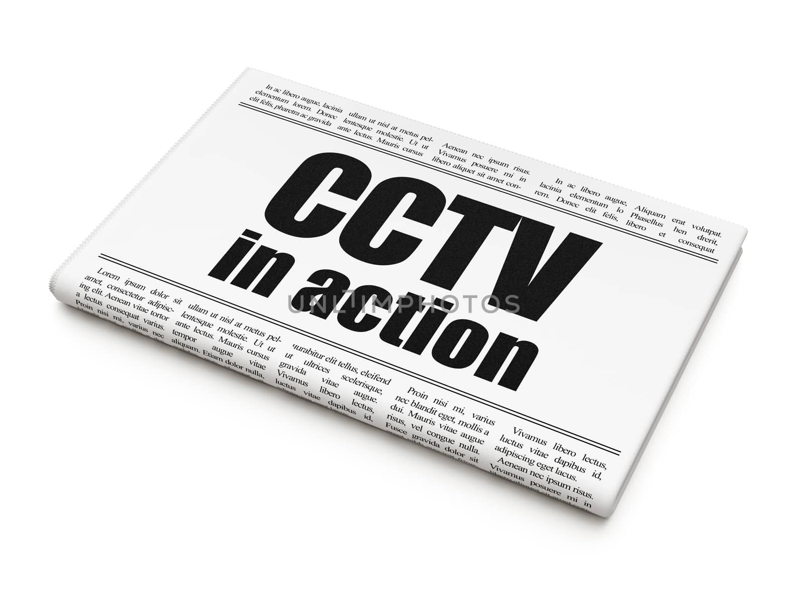 Protection news concept: newspaper headline CCTV In action on White background, 3d render