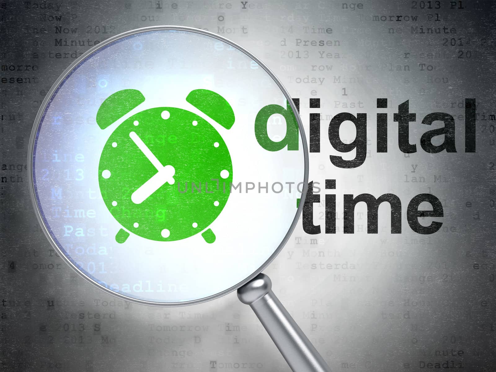 Time concept: magnifying optical glass with Alarm Clock icon and Digital Time word on digital background, 3d render