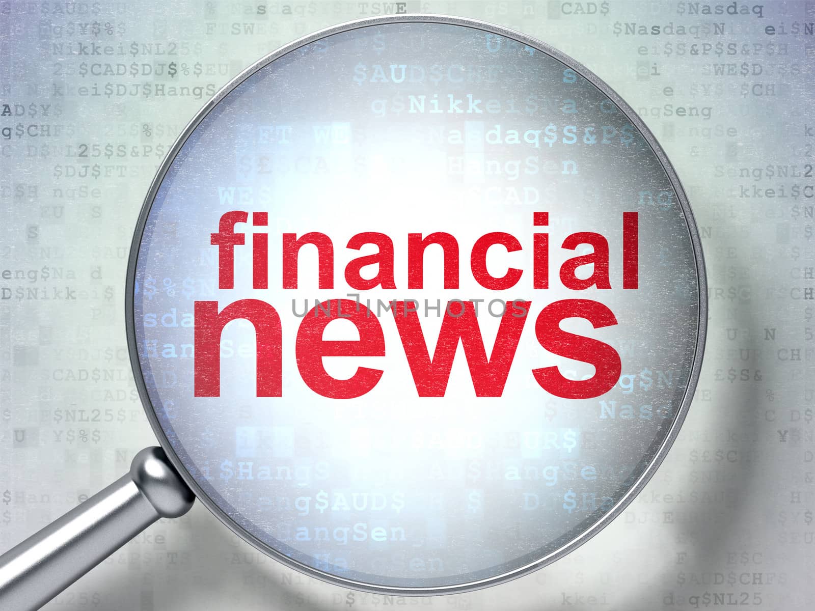 News concept: magnifying optical glass with words Financial News on digital background, 3d render