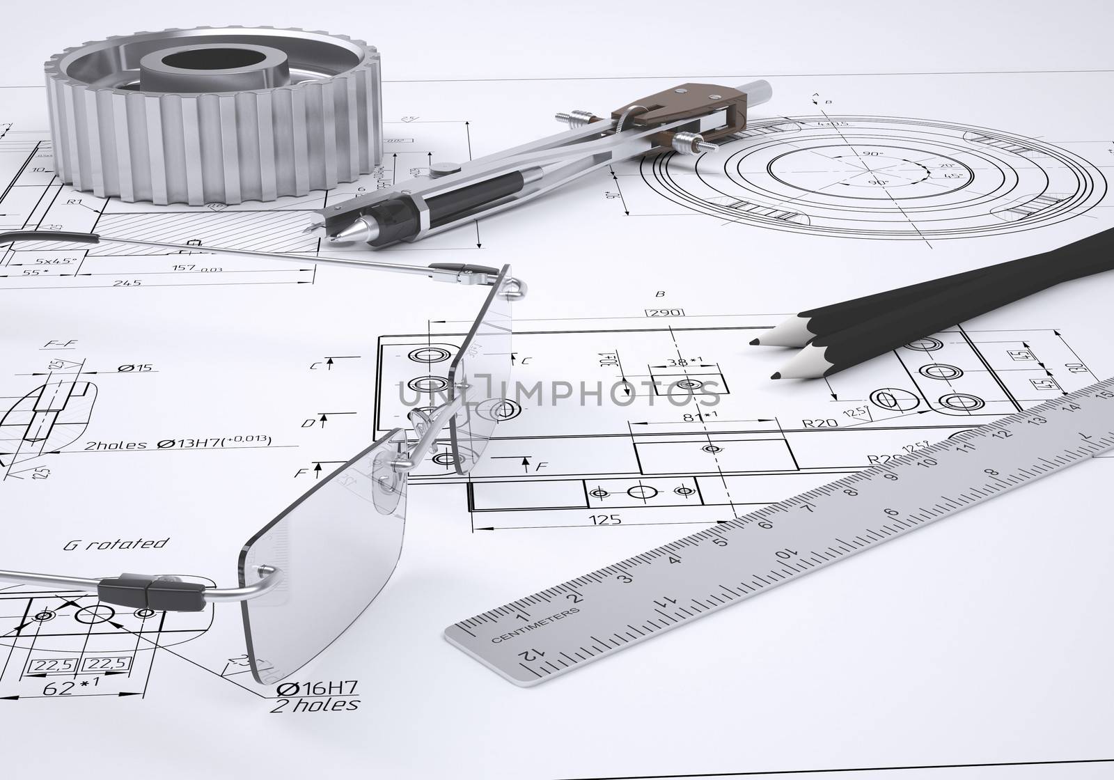 Glasses, ruler, compass, pencil and gear by cherezoff