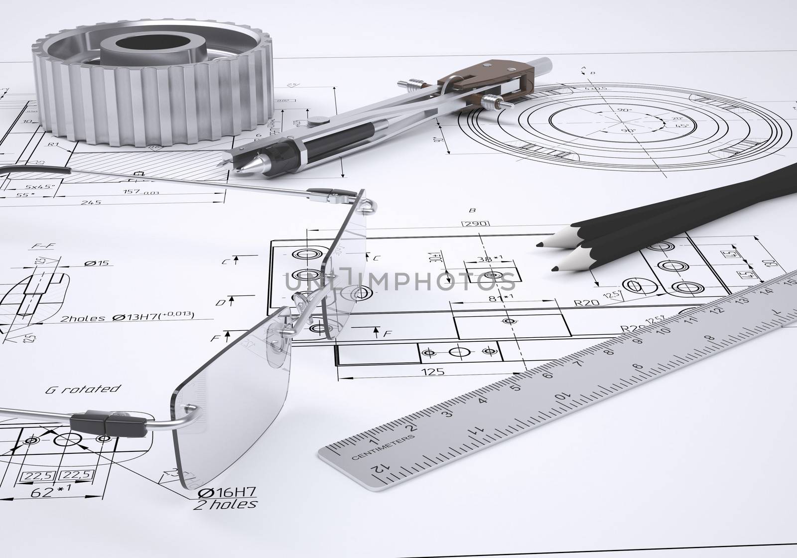 Glasses, ruler, compass, pencil and gear lie on the drawing. 3d render