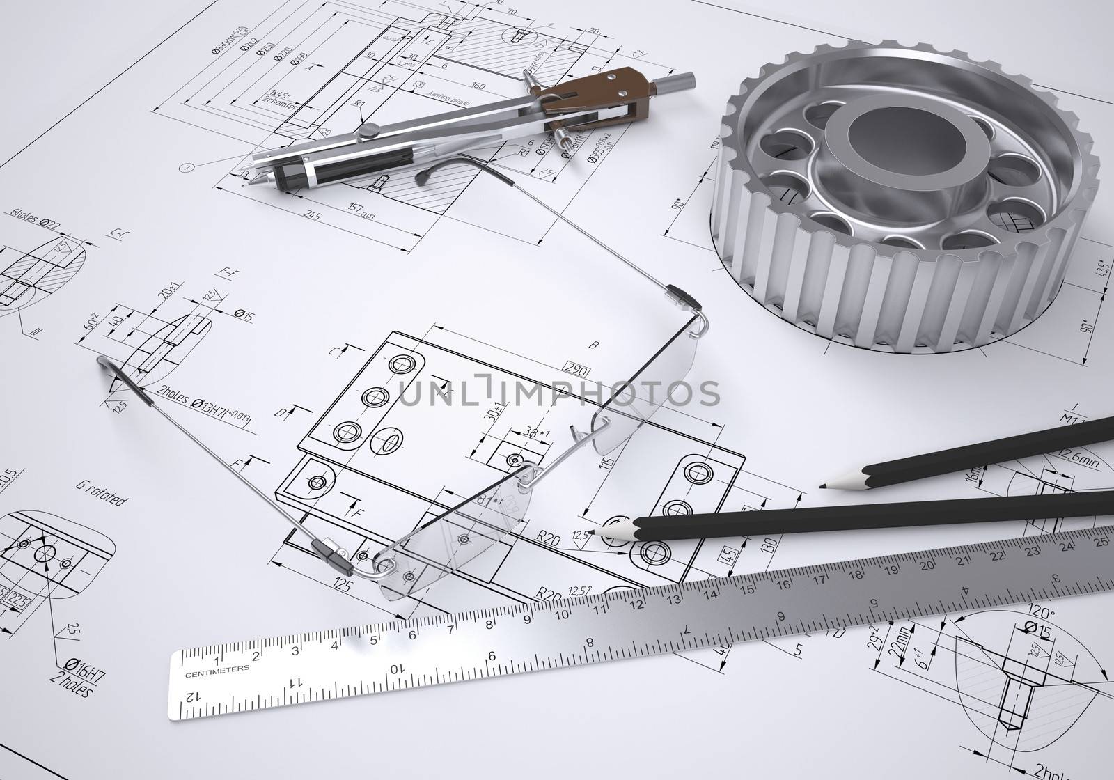 Glasses, ruler, compass, pencil and gear lie on the drawing. 3d render