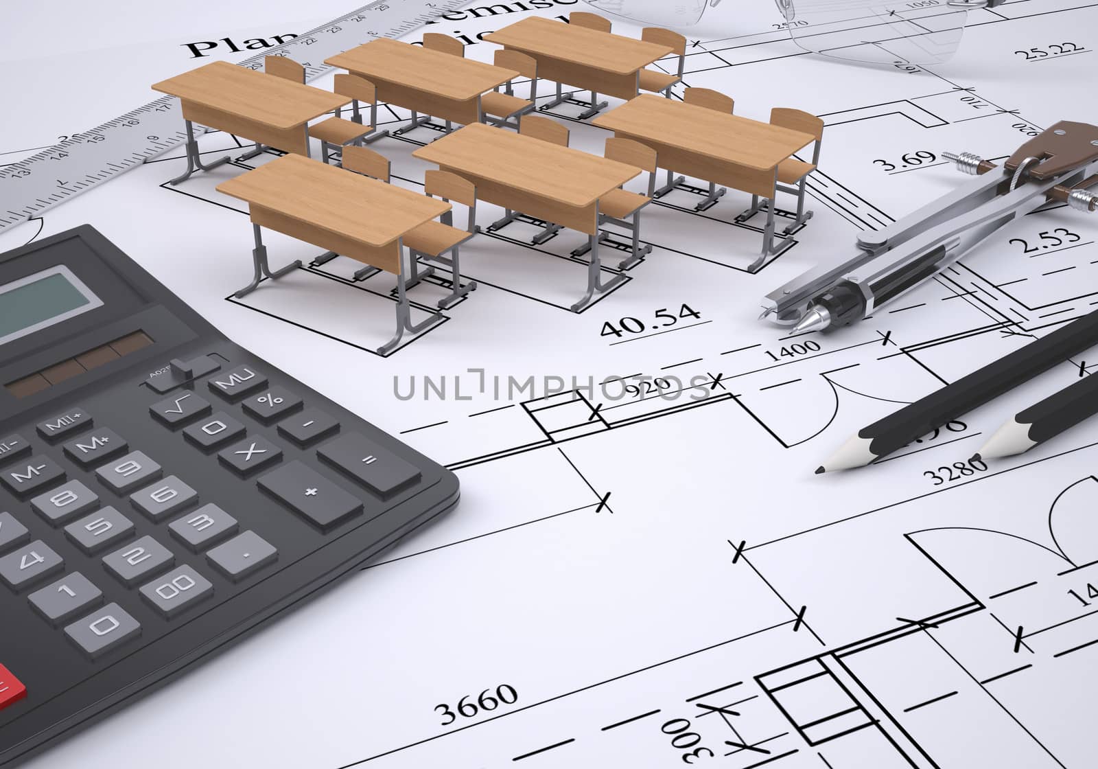 Drawing of the arrangement of furniture and tools engineer. 3d render