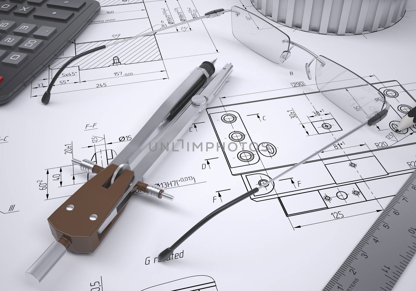Glasses, ruler, compass, calculator and gear lie on the drawing. 3d render