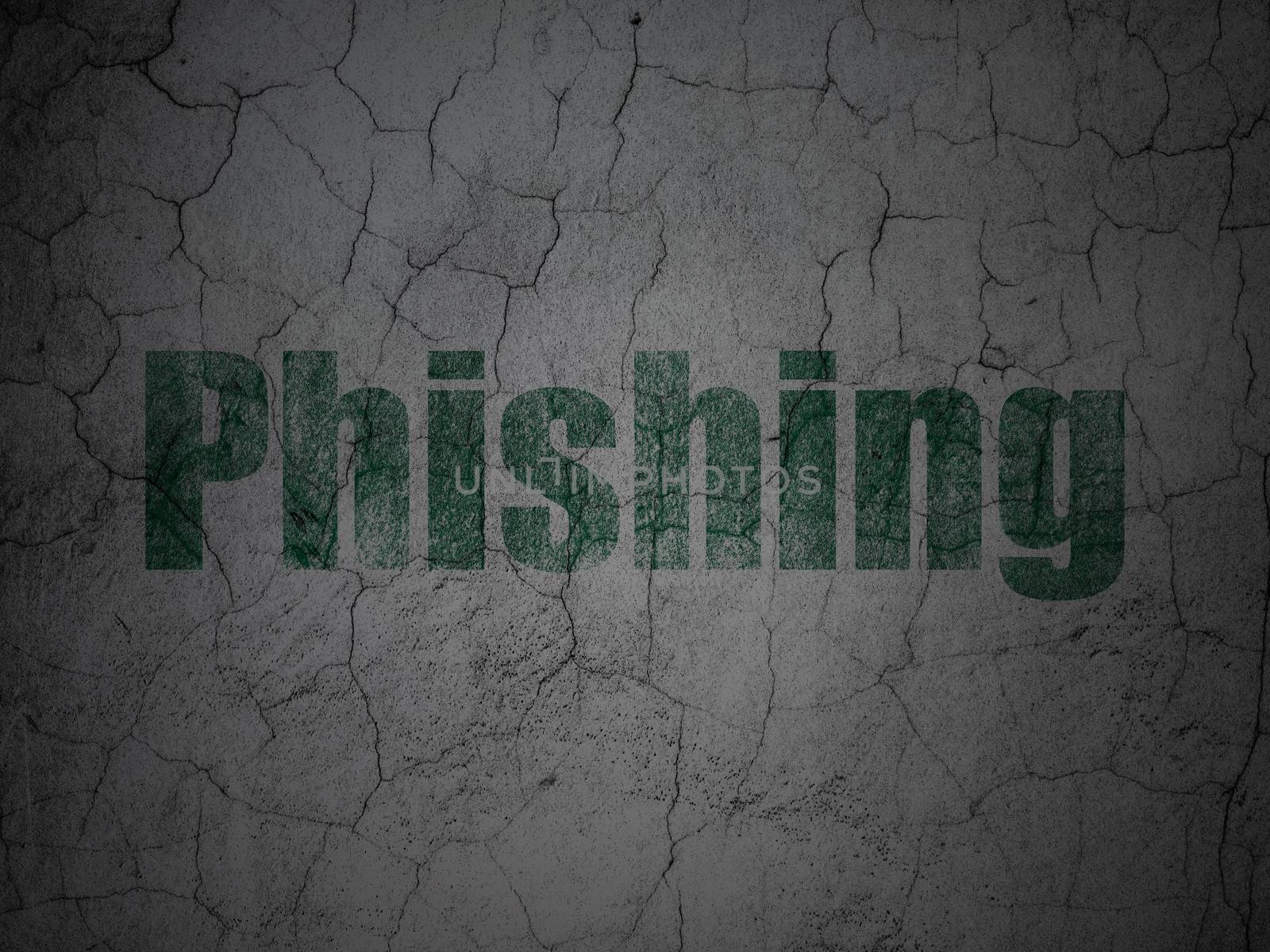 Safety concept: Green Phishing on grunge textured concrete wall background, 3d render