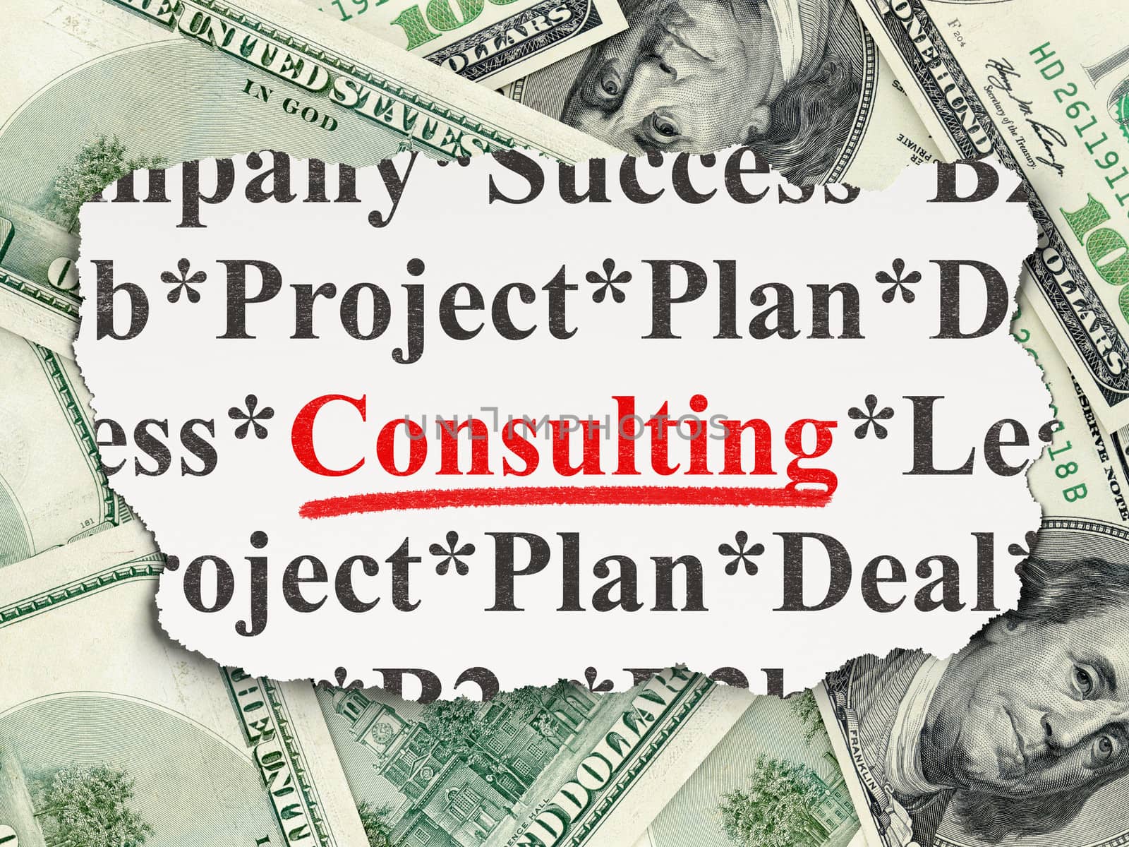 Finance concept: torn newspaper with words Consulting on Money background, 3d render