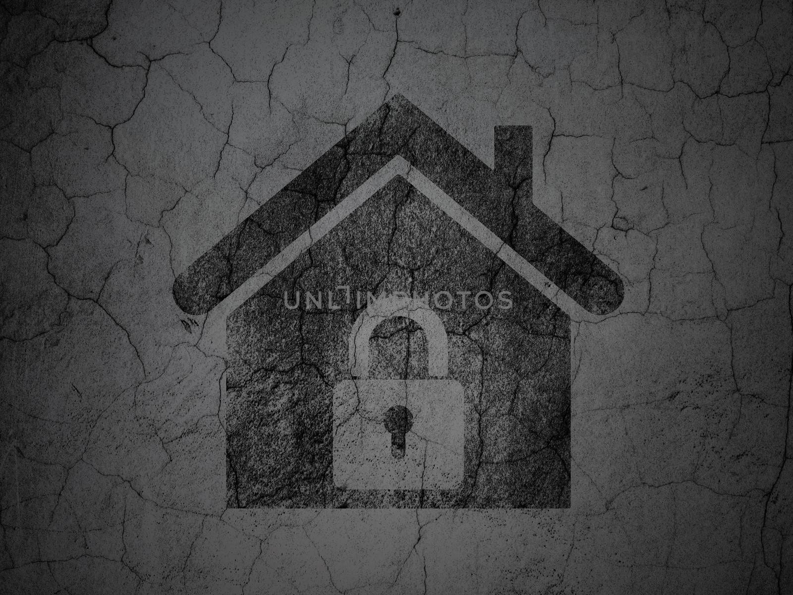 Business concept: Black Home on grunge textured concrete wall background, 3d render