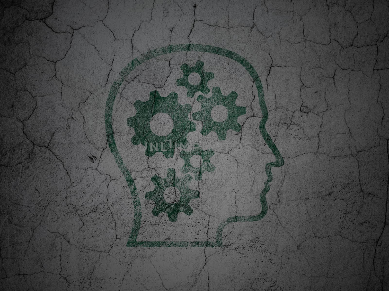 Business concept: Green Head With Gears on grunge textured concrete wall background, 3d render