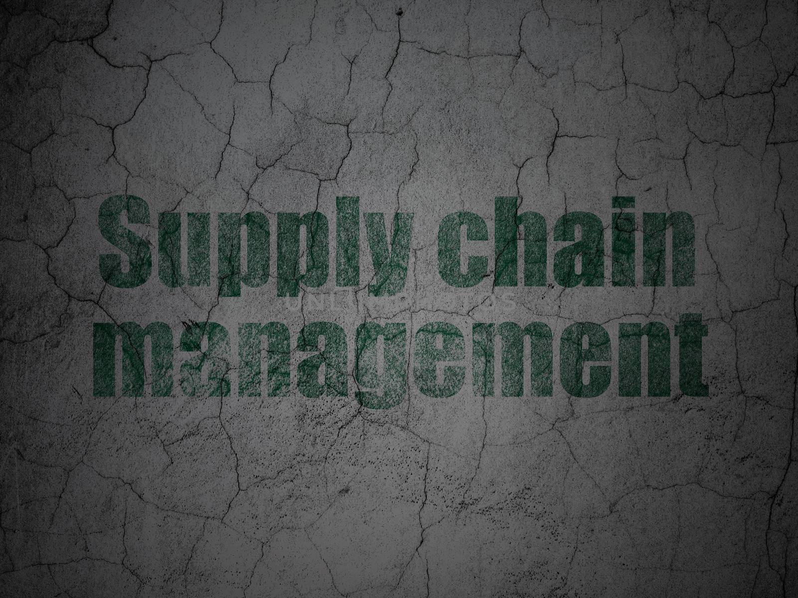 Advertising concept: Green Supply Chain Management on grunge textured concrete wall background, 3d render