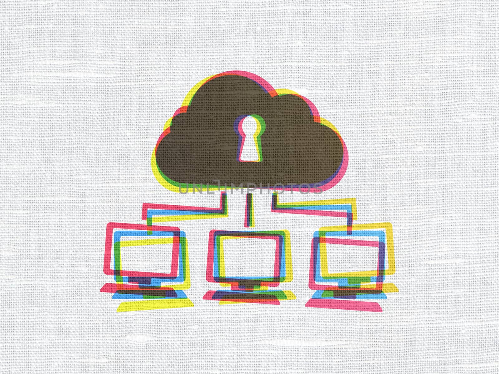 Security concept: CMYK Cloud Network on linen fabric texture background, 3d render