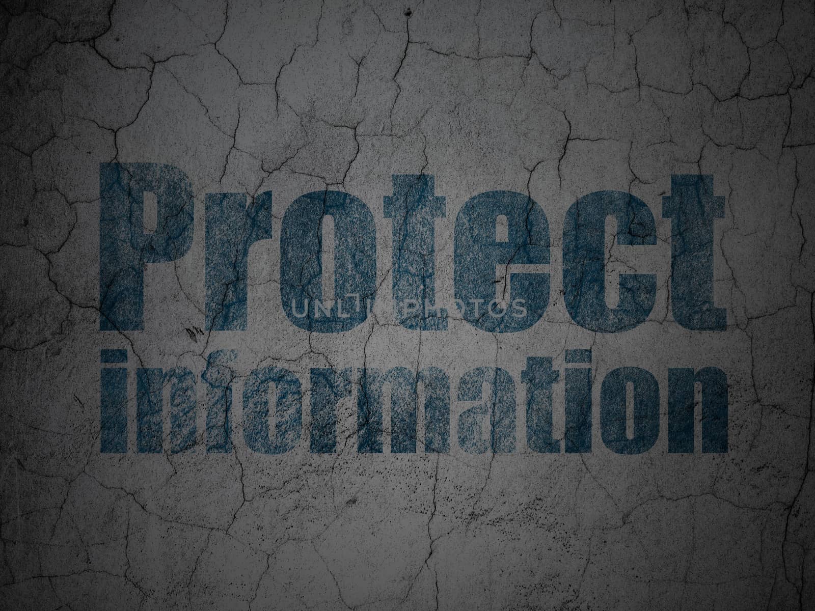 Security concept: Blue Protect Information on grunge textured concrete wall background, 3d render