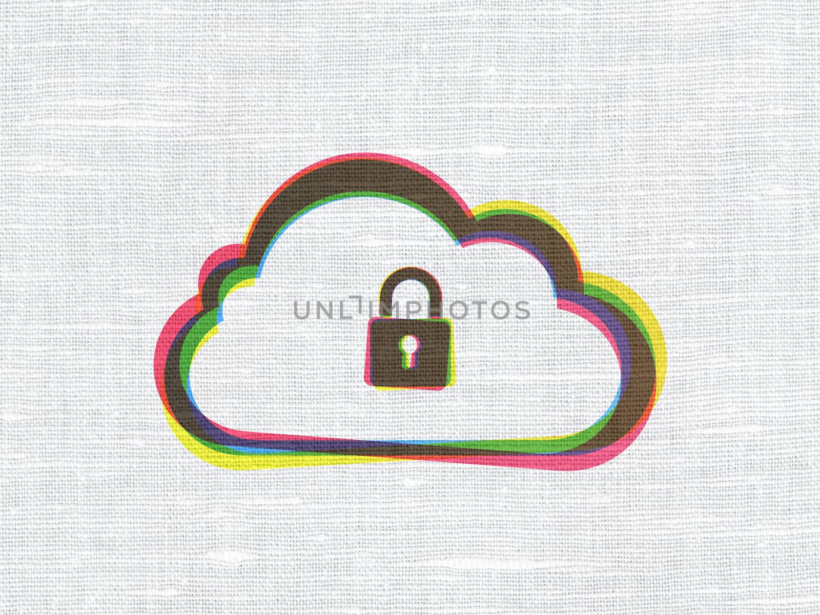 Cloud networking concept: CMYK Cloud With Padlock on linen fabric texture background, 3d render