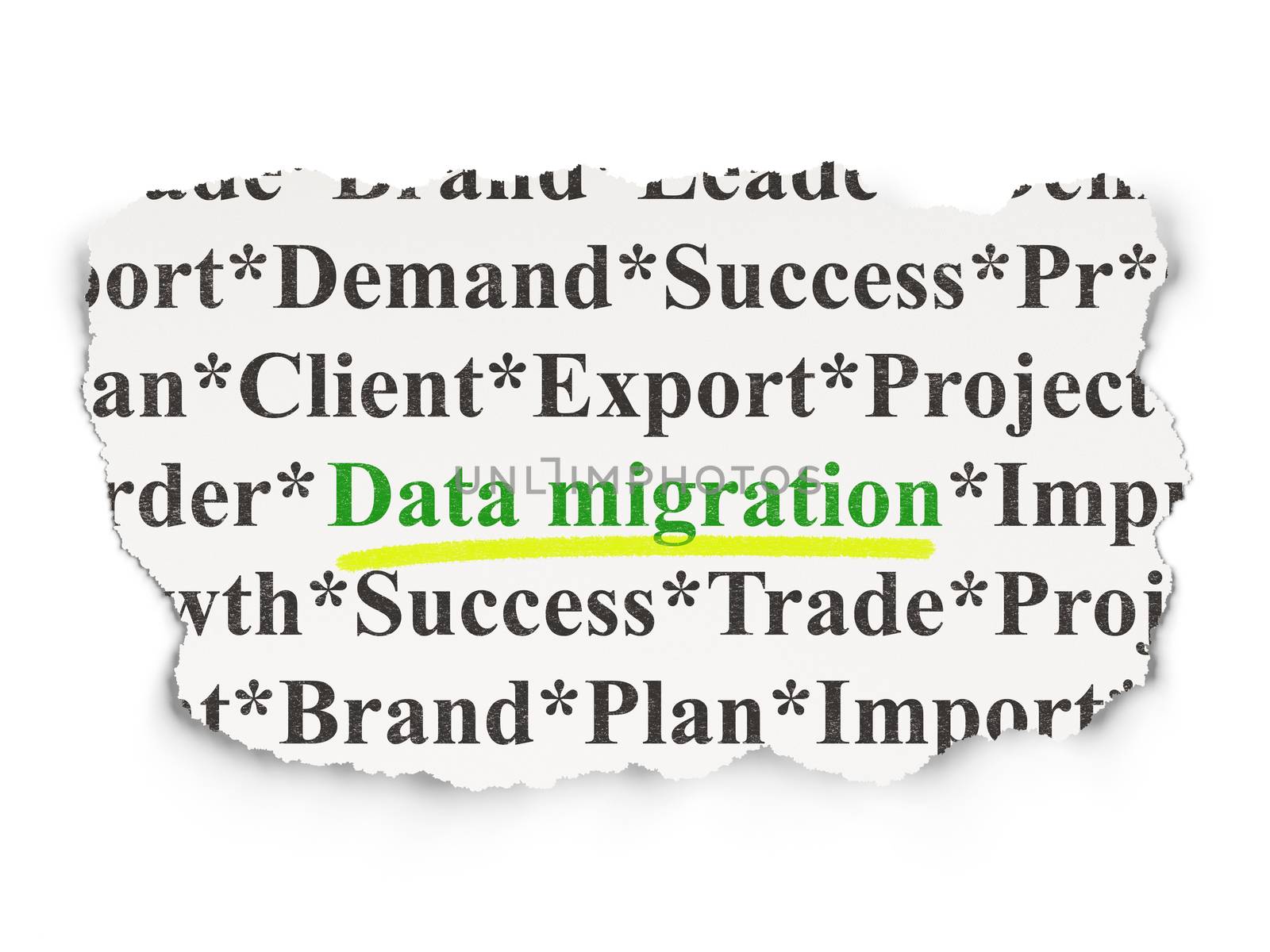 Data concept: torn newspaper with words Data Migration on Paper background, 3d render