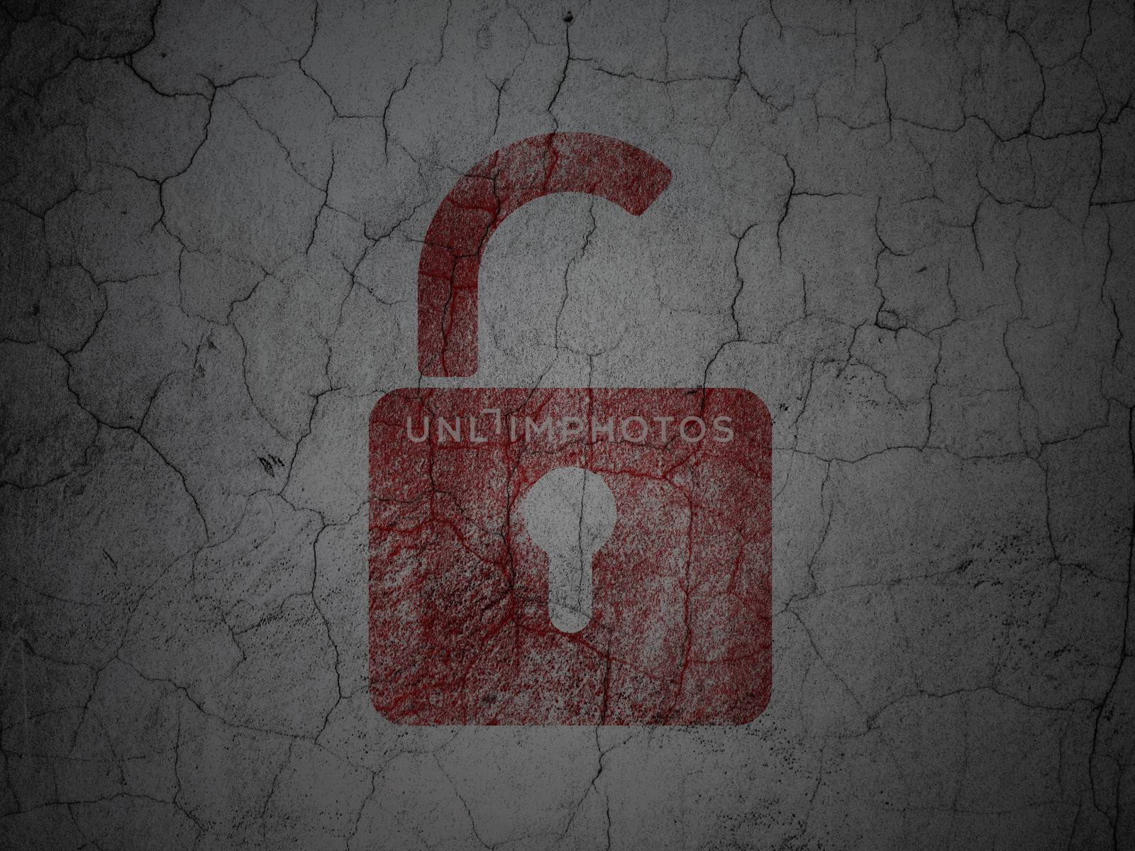 Safety concept: Red Opened Padlock on grunge textured concrete wall background, 3d render