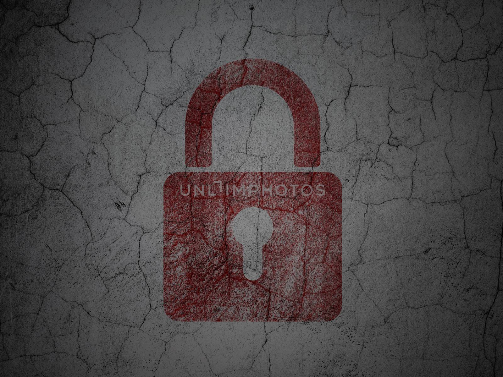 Data concept: Red Closed Padlock on grunge textured concrete wall background, 3d render