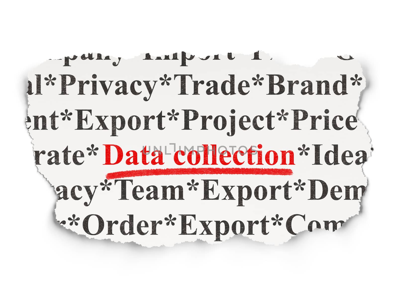 Data concept: torn newspaper with words Data Collection on Paper background, 3d render